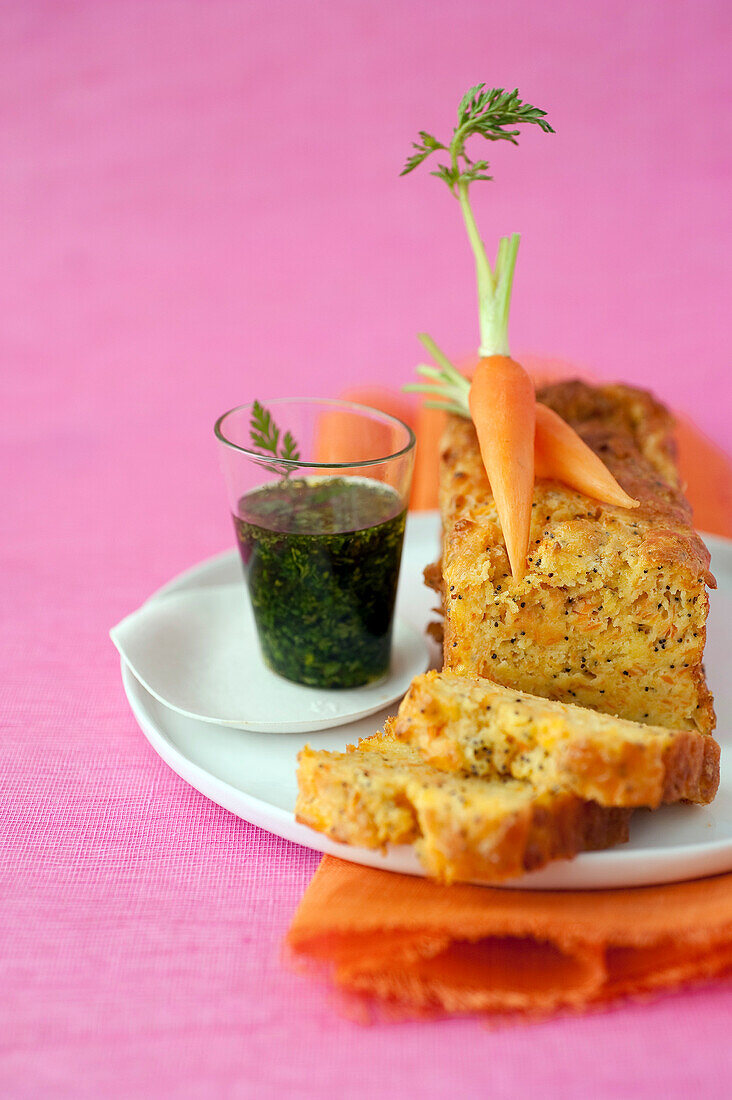 Carrot,ricotta and poppyseed savoury cake, chervil vinaigrette