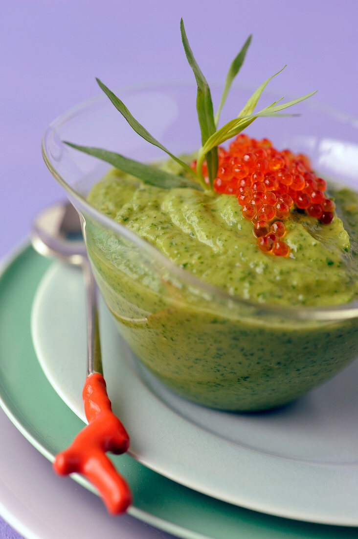 Avocado and baby spinach puree with tarragon and trout roe