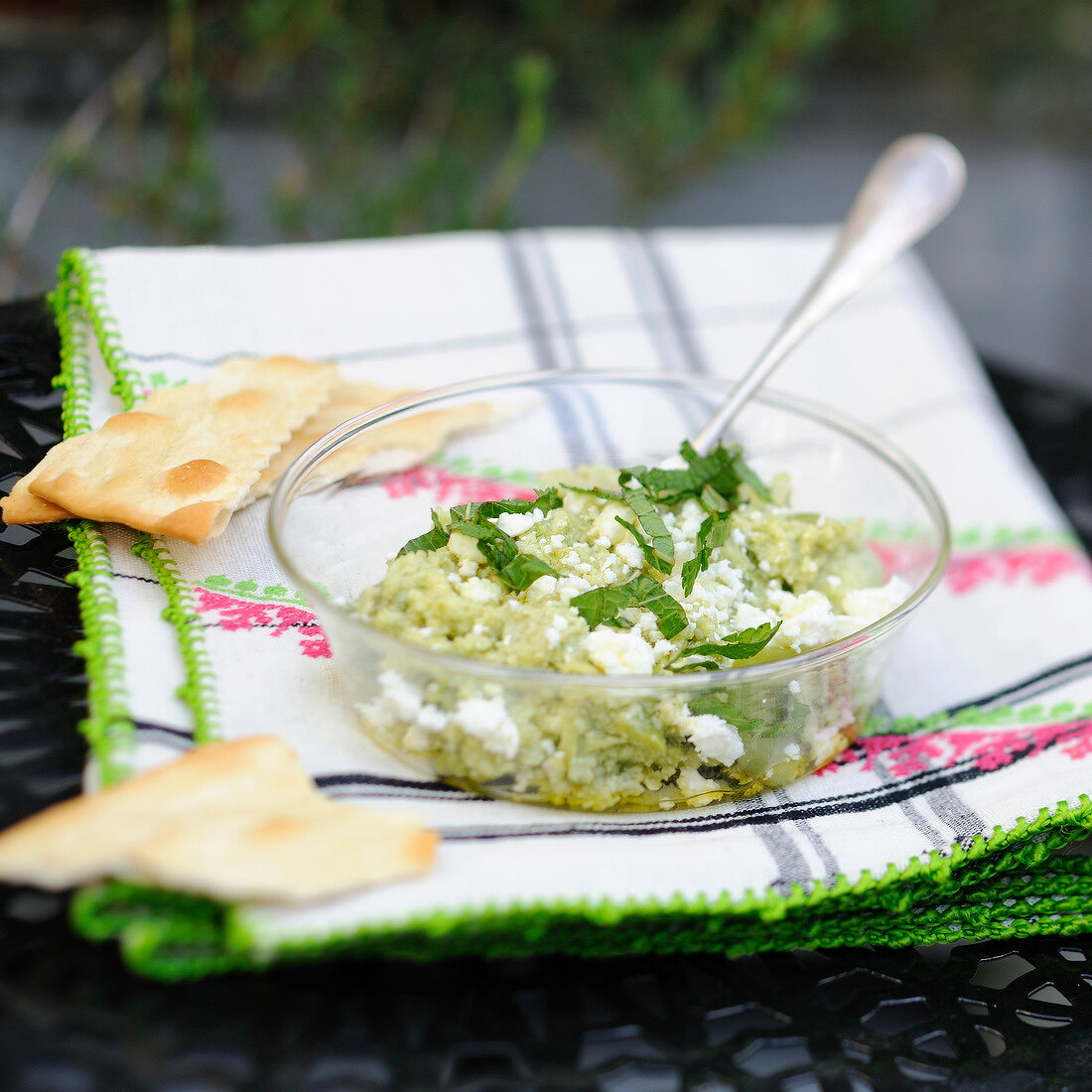 Mixed and squashed broad beans and feta