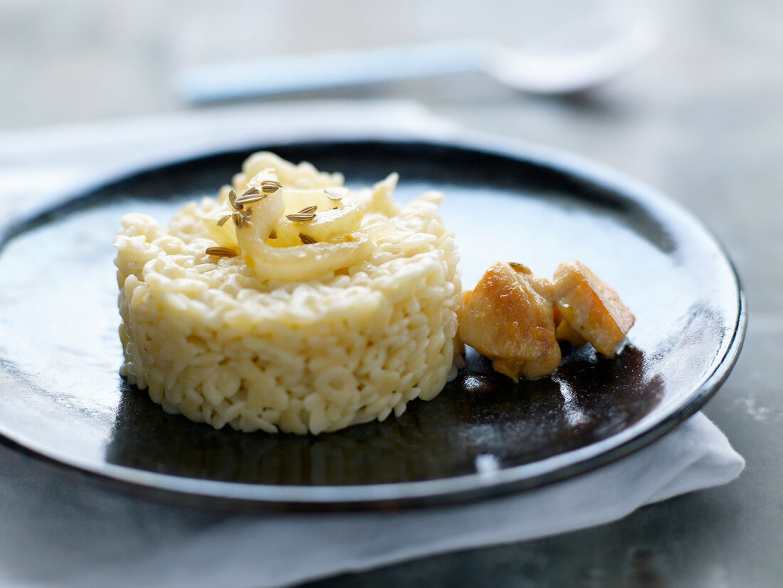 Rice with small pieces of chicken and fennel