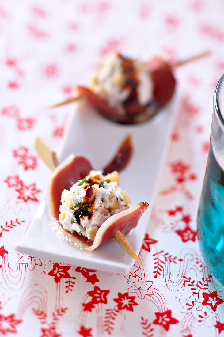 Duck breast,goat's cheese and peanut appetizers