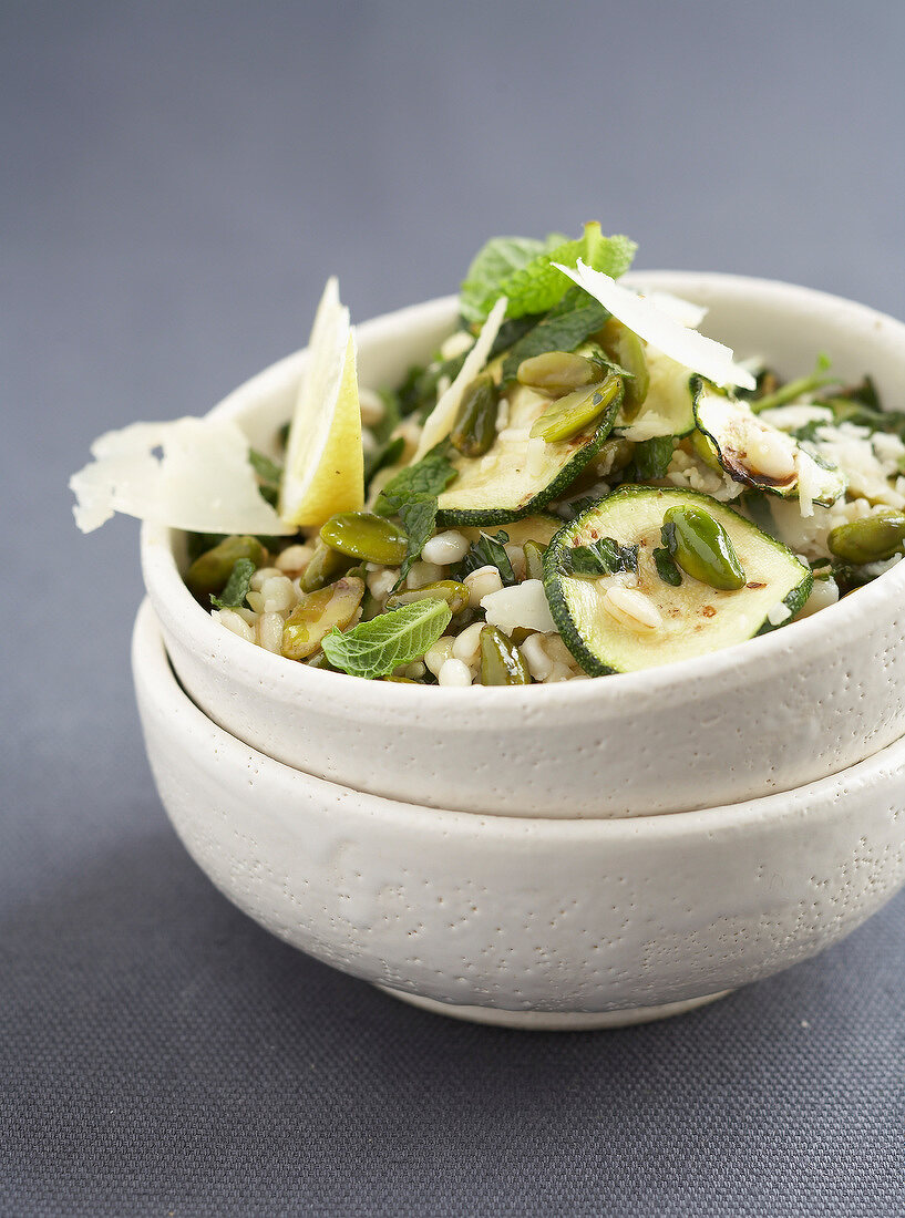 Wheat with zucchini,capers and parmesan