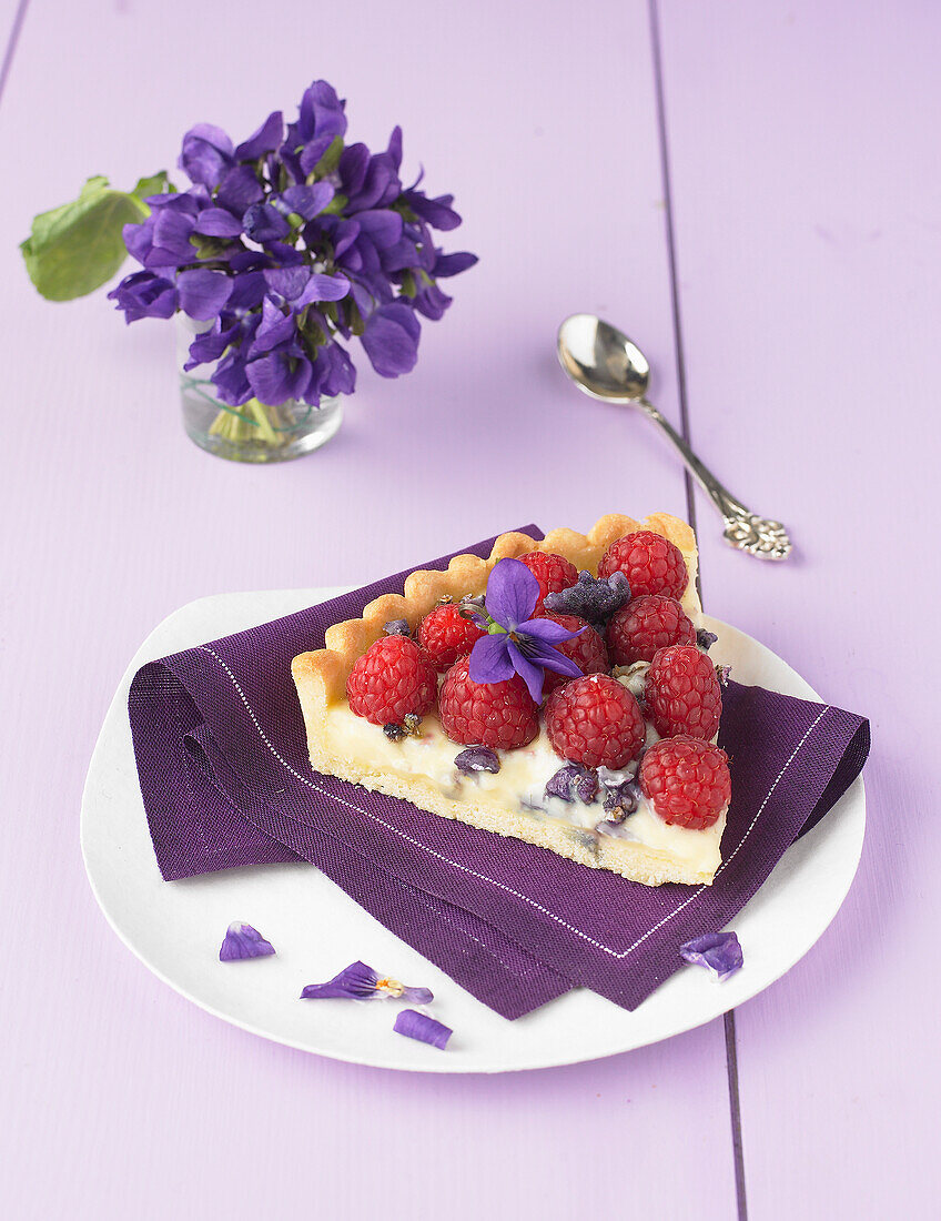 Raspberry and crystallized violet tart