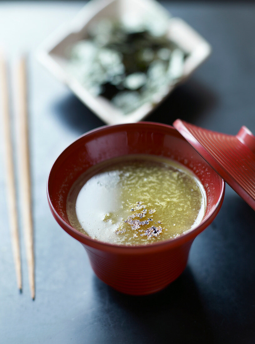 Curly cabbage soup with tofu and wakame seaweed