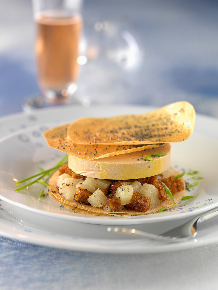 Foie gras,pear and gingerbread crisp mille-feuille