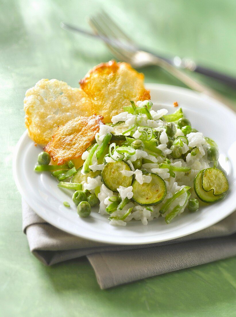 Green vegetable risotto with parmesan tuiles