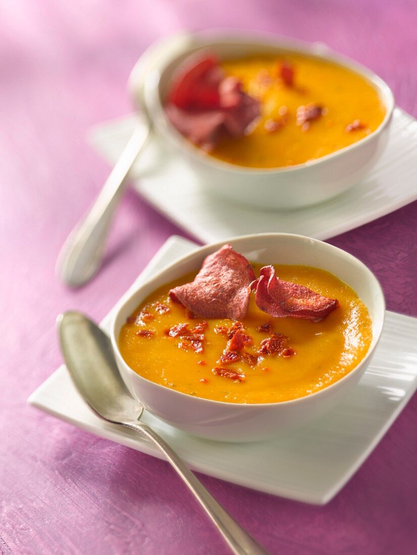 Cream of carrot soup with beetroot crisps