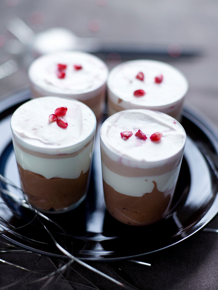 Three-chocolate, fromage blanc and pomegranate Verrines