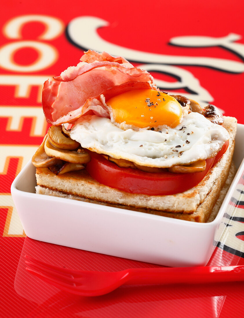 Tomato,fried egg and bacon toasted open sandwich