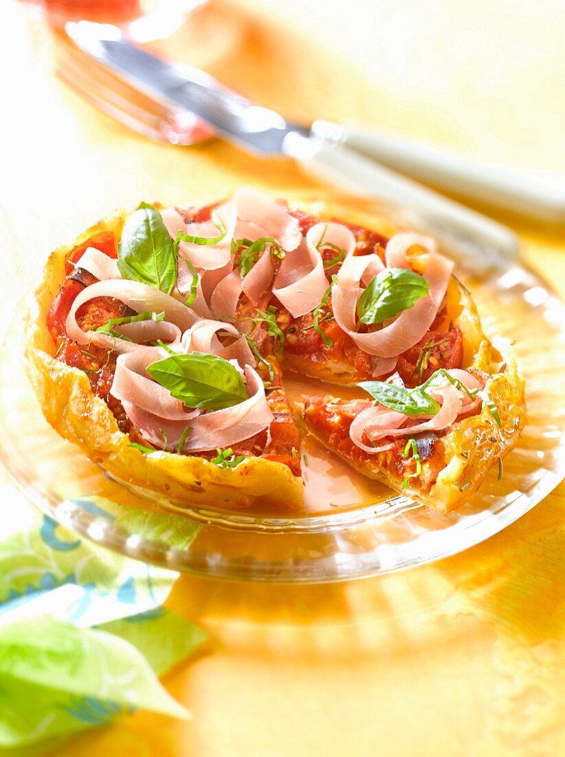 Tomato,raw ham and basil savoury tart