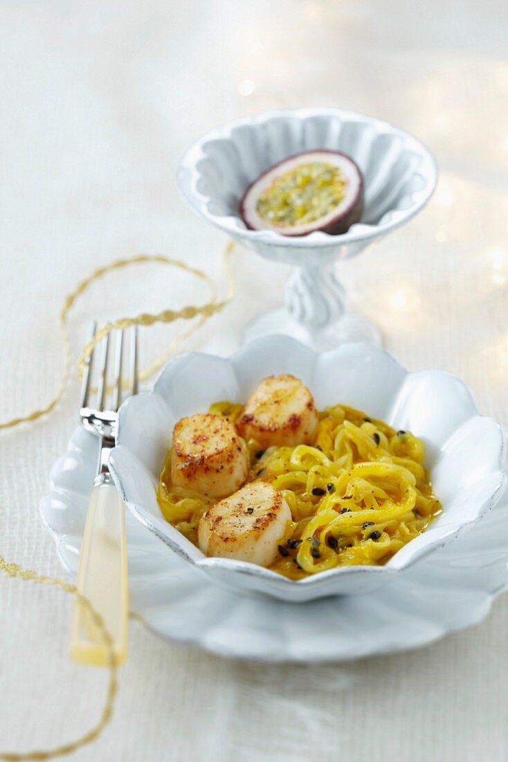 Stewed chicory with scallops and passion fruit