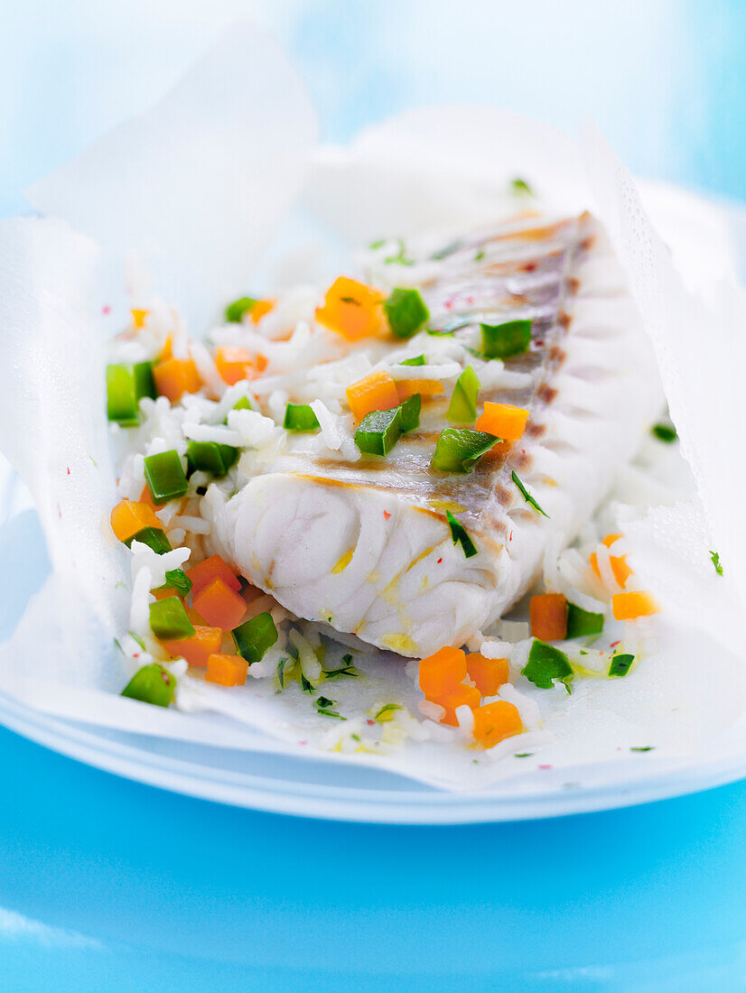 Cod with rice and diced vegetables