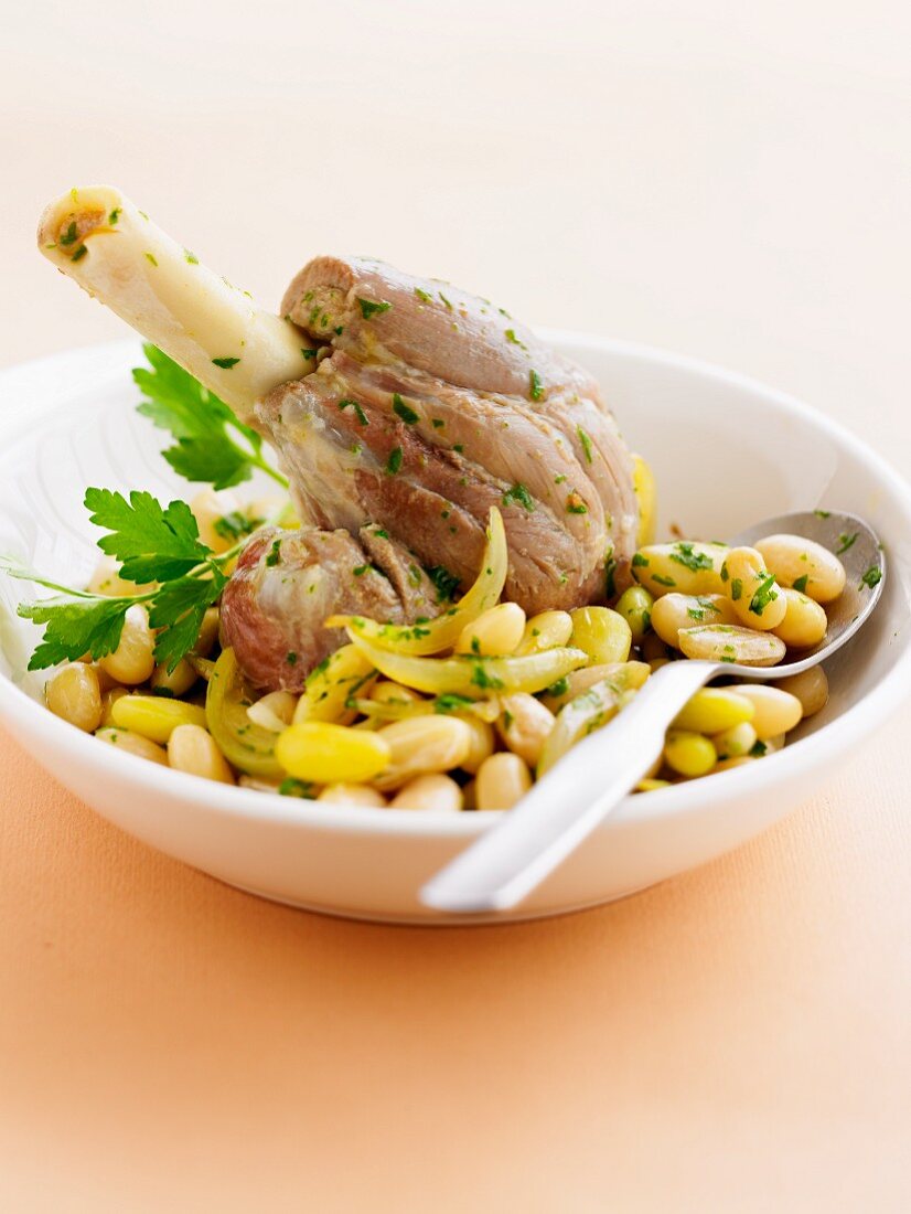 Knuckle of lamb with beans and onions