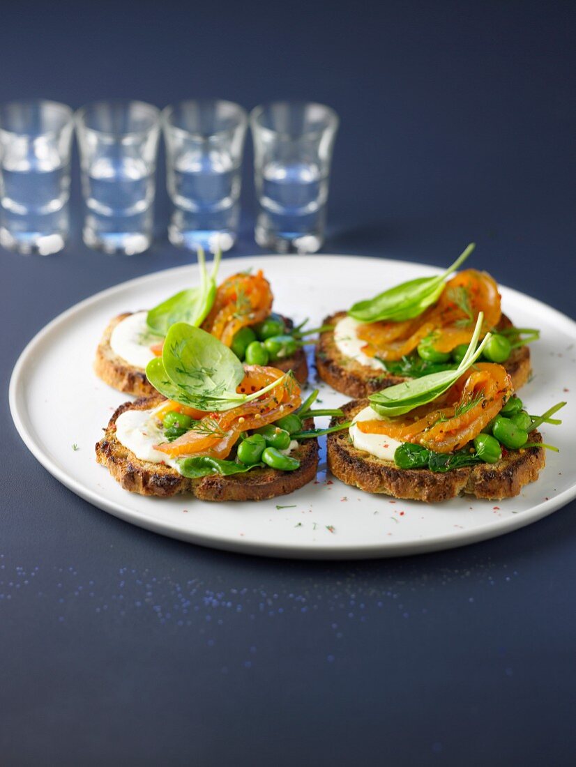 Geröstetes Brot mit mariniertem Lachs, Meerrettich, Saubohnen und Spinat