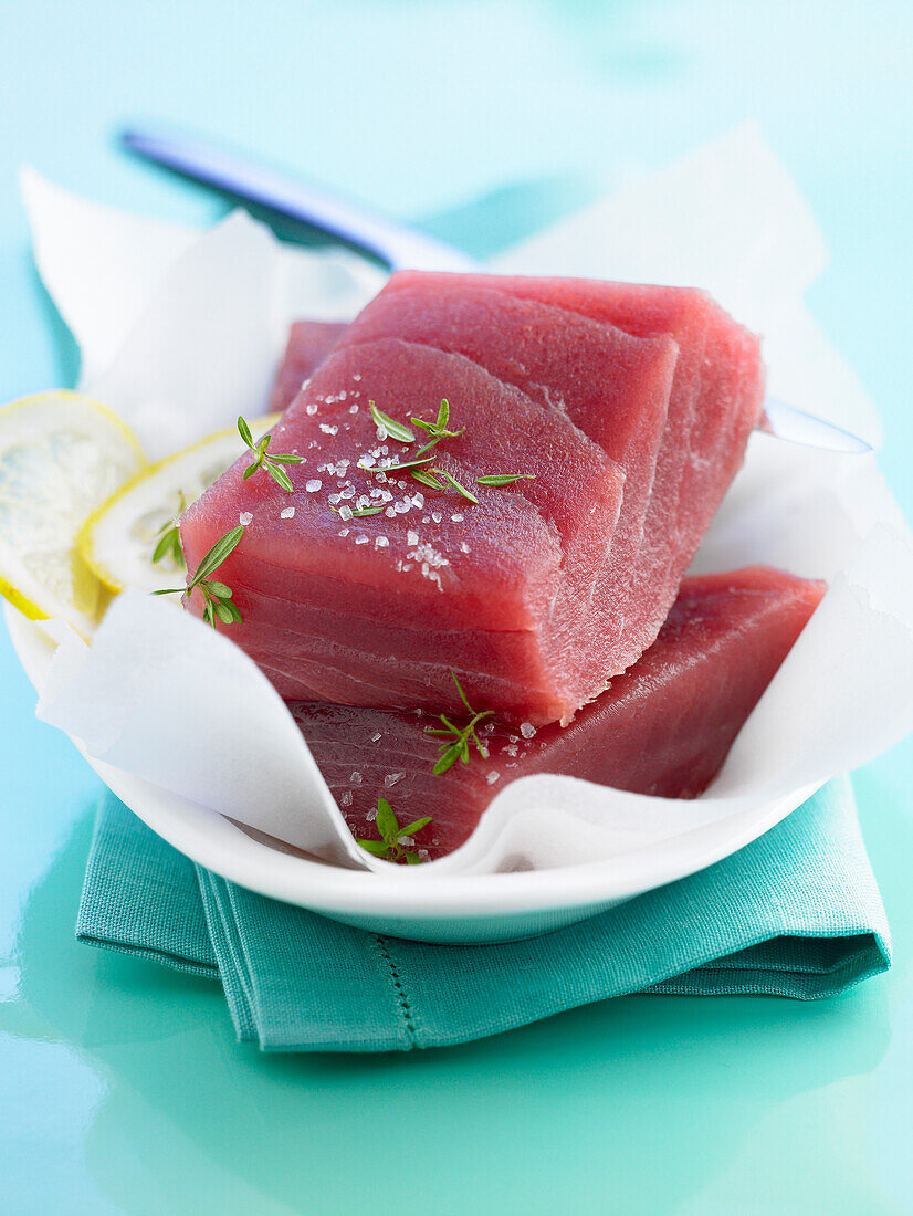 Thick pieces of raw tuna