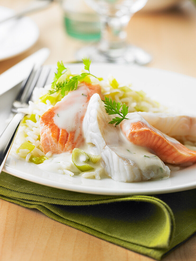 Plate of fish in white sauce