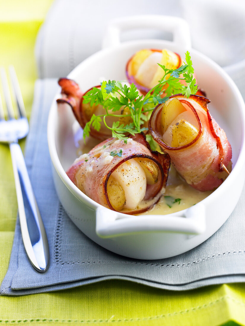 Scallops and Ratte potatoes wrapped in bacon