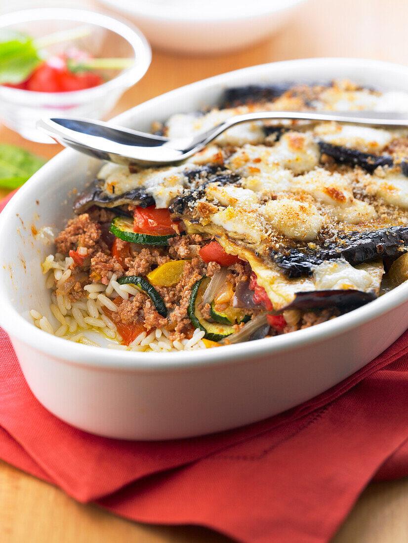 Moussaka, ratatouille and rice gratin