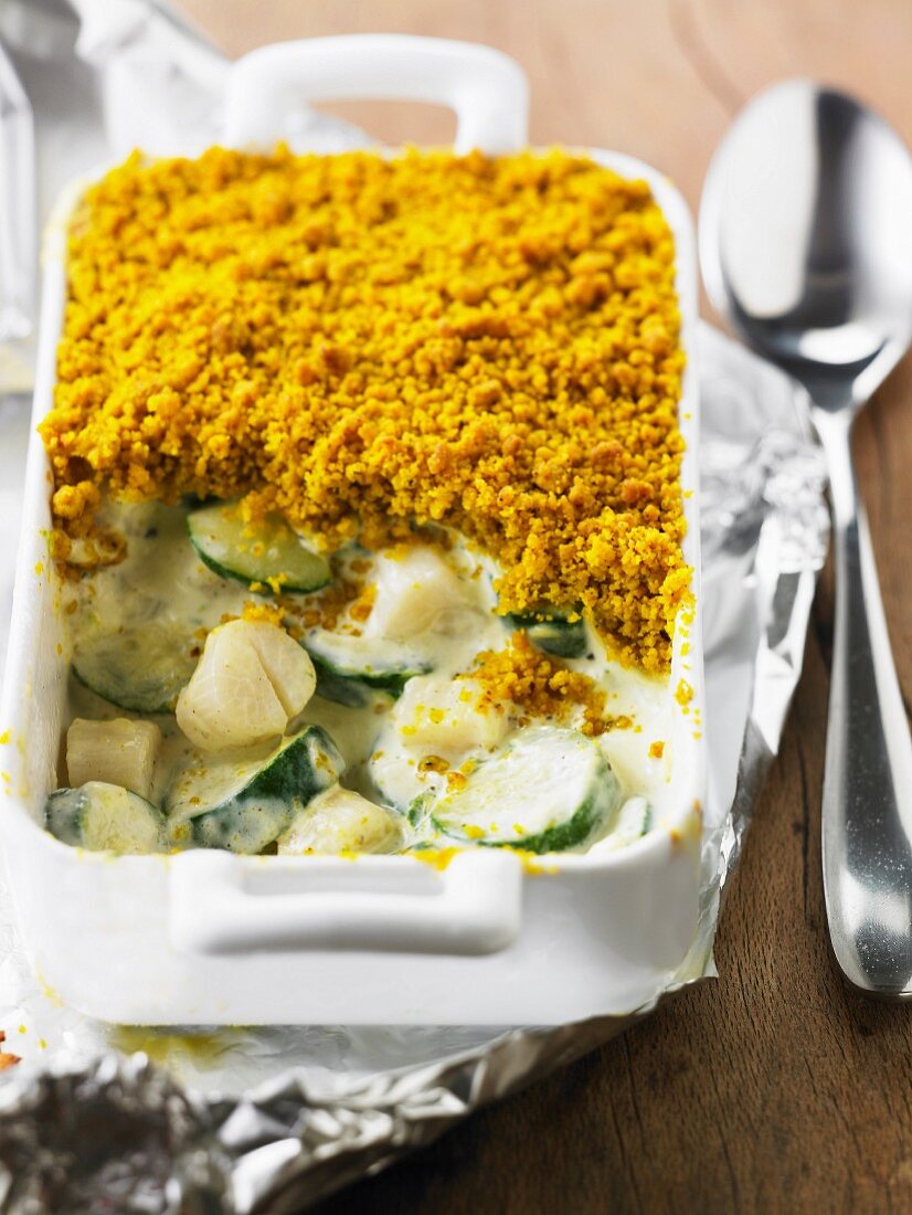 Scallop and zucchini creamy curry savoury crumble