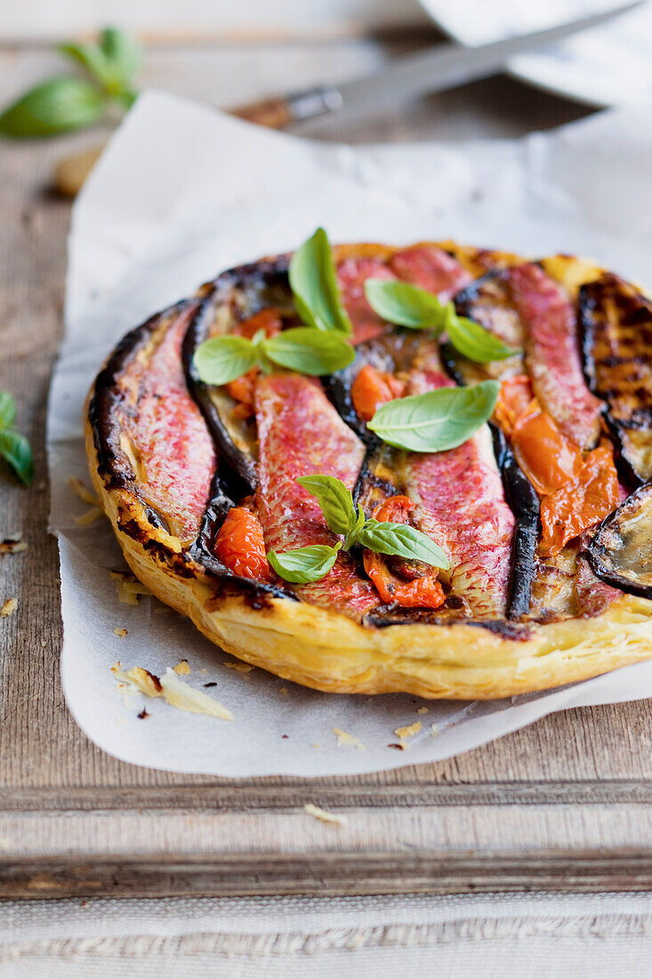 Red mullet,tomato and eggplant tatin savoury tart