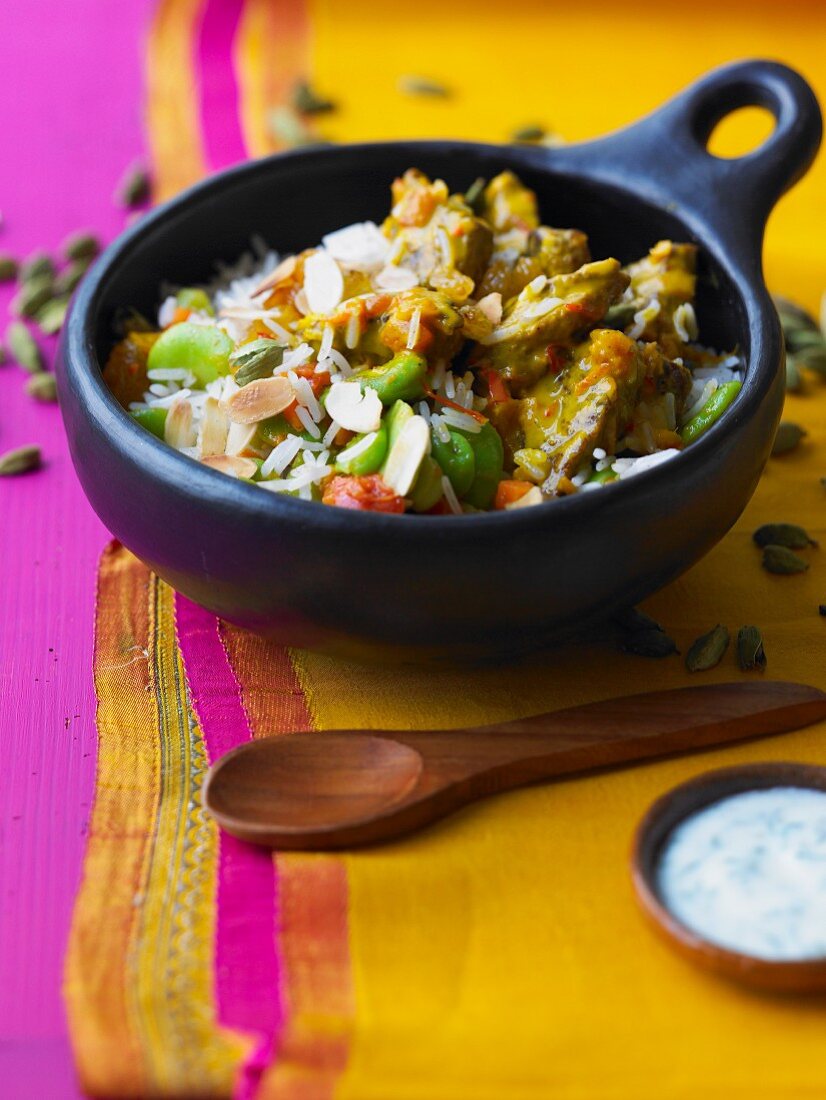 Lamb Biryani with almonds and broad beans