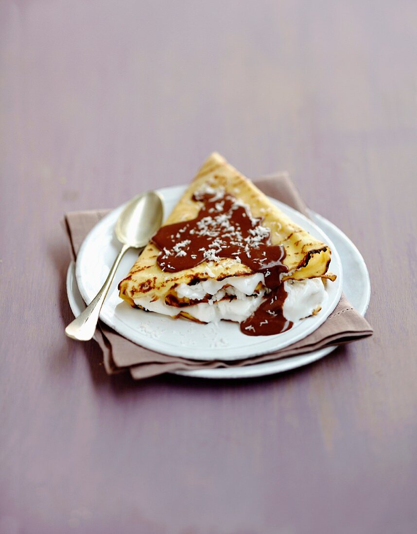 Hot and cold chocolate and coconut pancakes