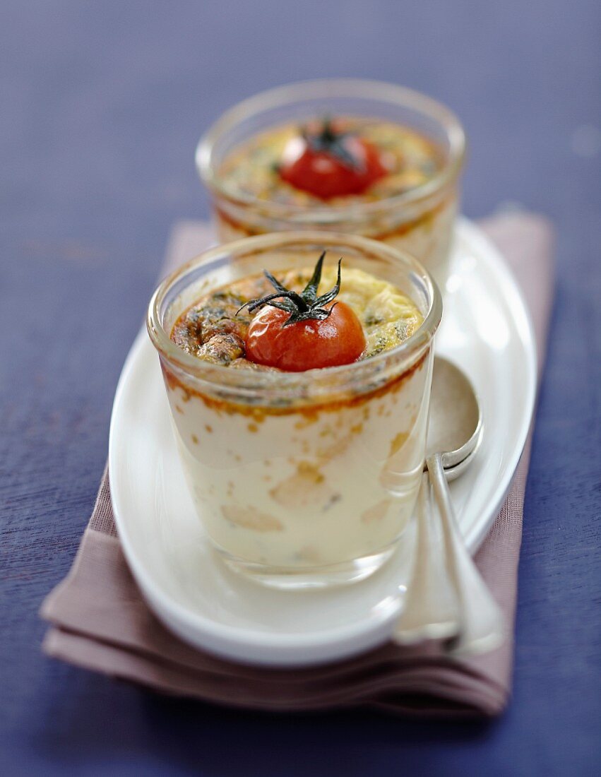 Parmesan,herb and cherry tomato individual flans