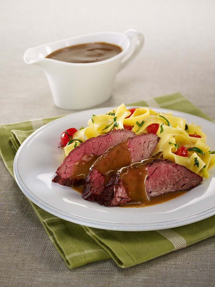 Beef fillet with gravy, papardelles with cherry tomatoes