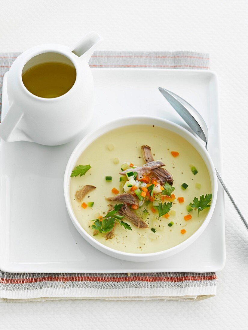 Cream of vegetable soup, oxtail broth