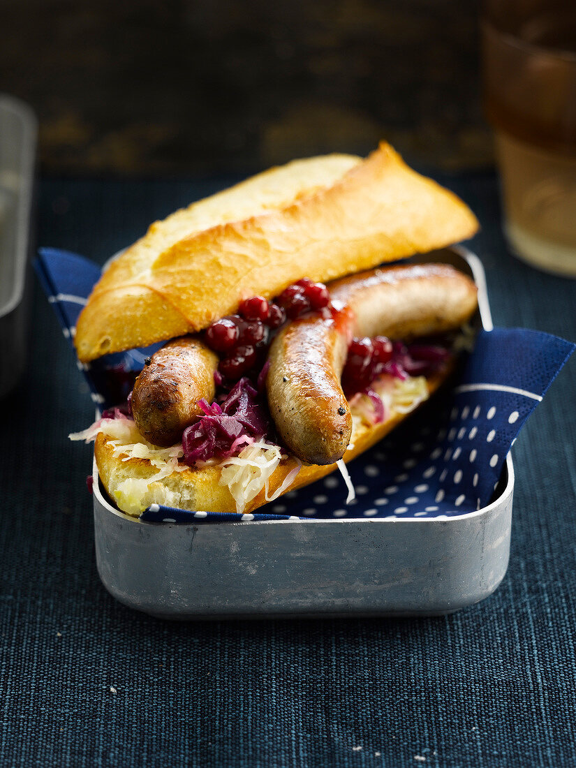 Hot dog with red cabbage and cranberries