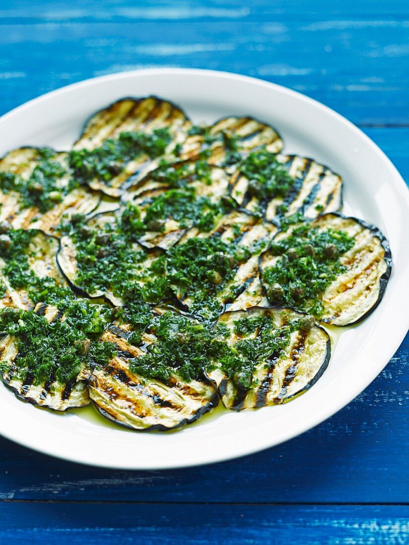 Grilled eggplant carpaccio with herbs