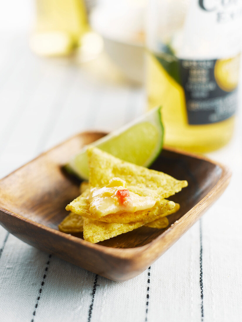 Spicy mexican cheese fondue on tortilla crisps