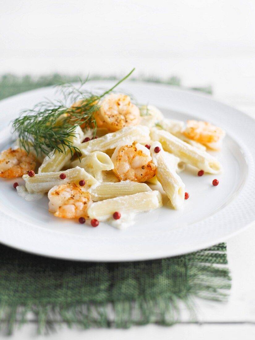 Penne with mascarpone and scampis