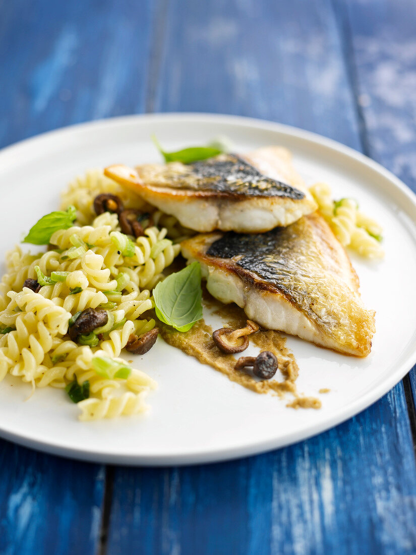 Fusillis with mushrooms,bream fillets with anchovy butter