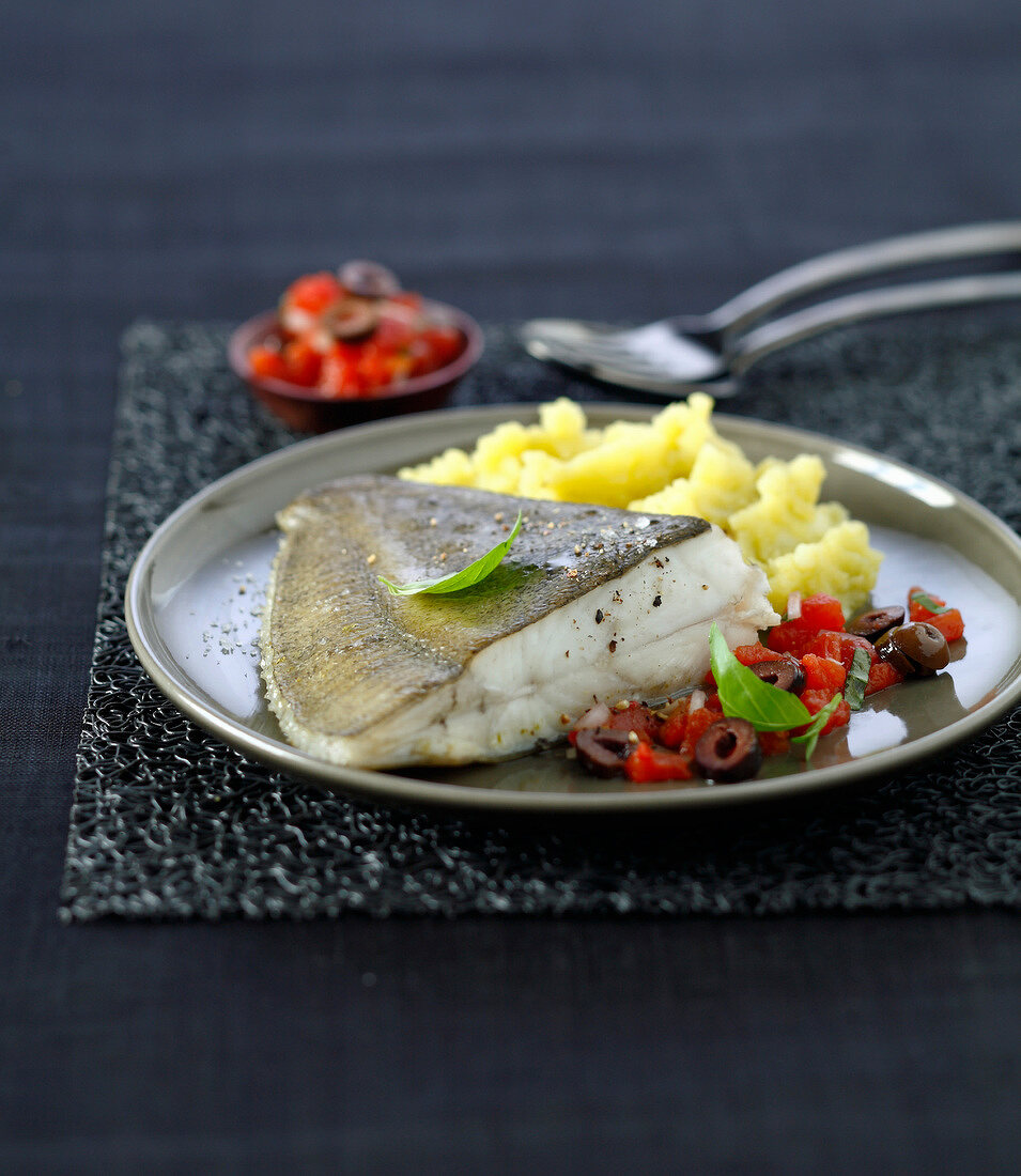 Pan-fried turbot in virgin sauce,mashed potatoes with olive oil