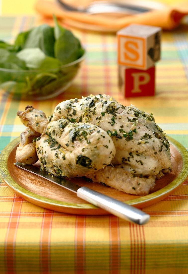 Steamed chicken with truffles and herbs