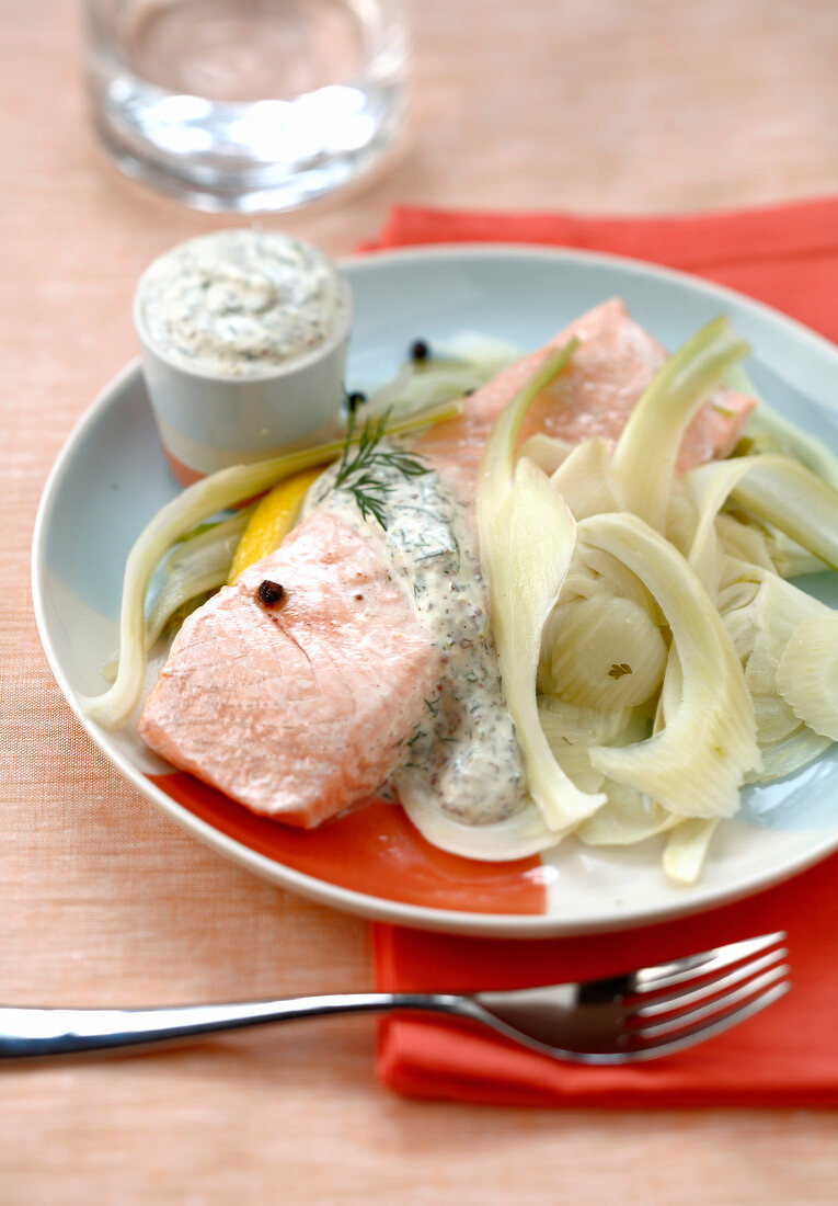 Piece of salmon with sliced fennel and dill sauce