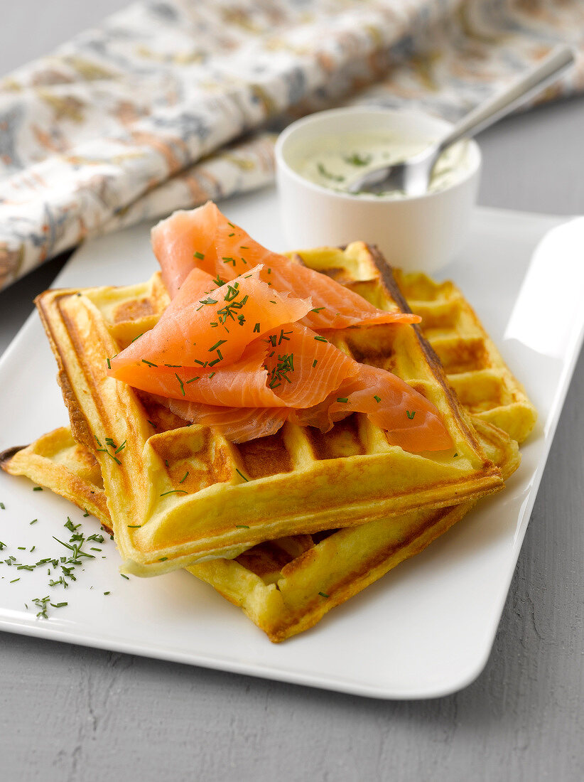 Potato waffles with smoked salmon and chive cream