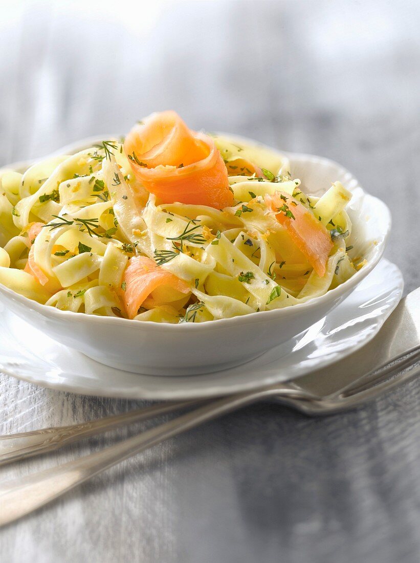 Tagliatelles with Dublin Bay prawn tails and green asparagus tops