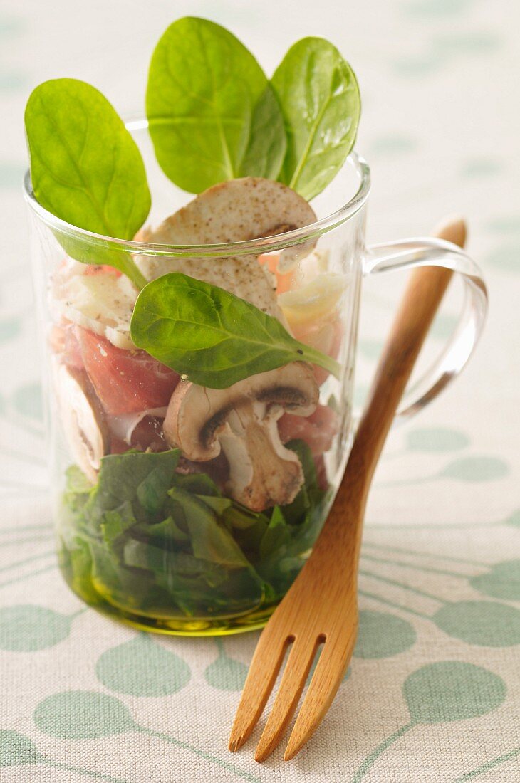 Spinach,raw ham and mushroom Verrine