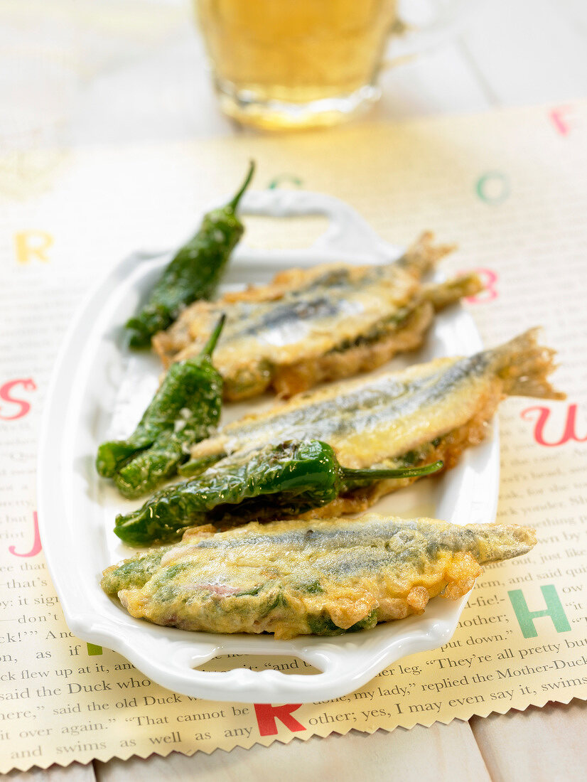 Fried anchovies stuffed with peppers