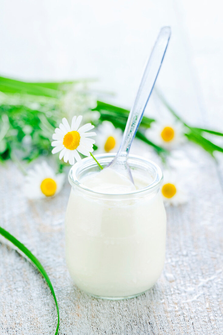 Ein Glas Naturjoghurt mit Löffel