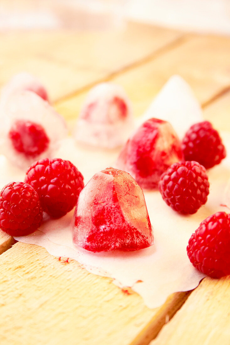 Fresh raspberries and raspberry ice cubes
