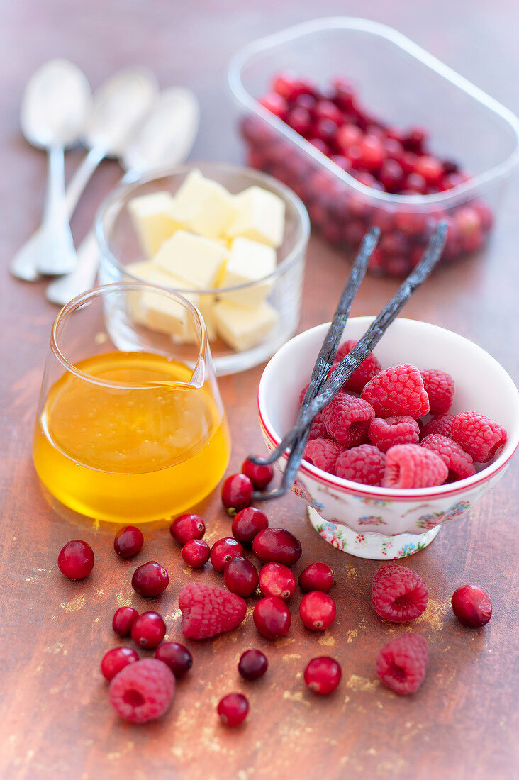 Komposition mit Moosbeeren, Himbeeren und Vanilleschoten