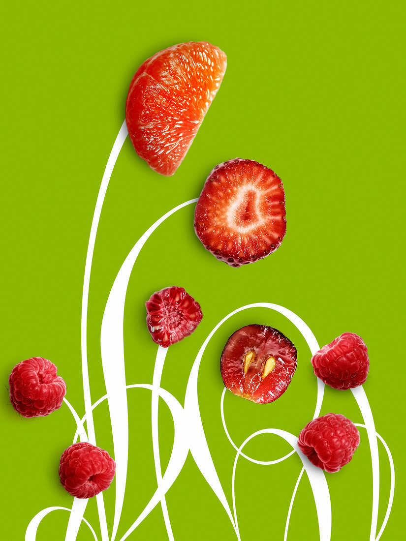 Composition with raspberries,strawberries ,grapes and madarins