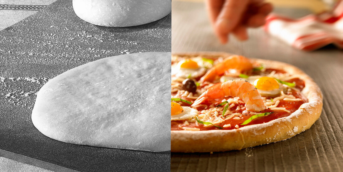Pizza vor und nach dem Backen
