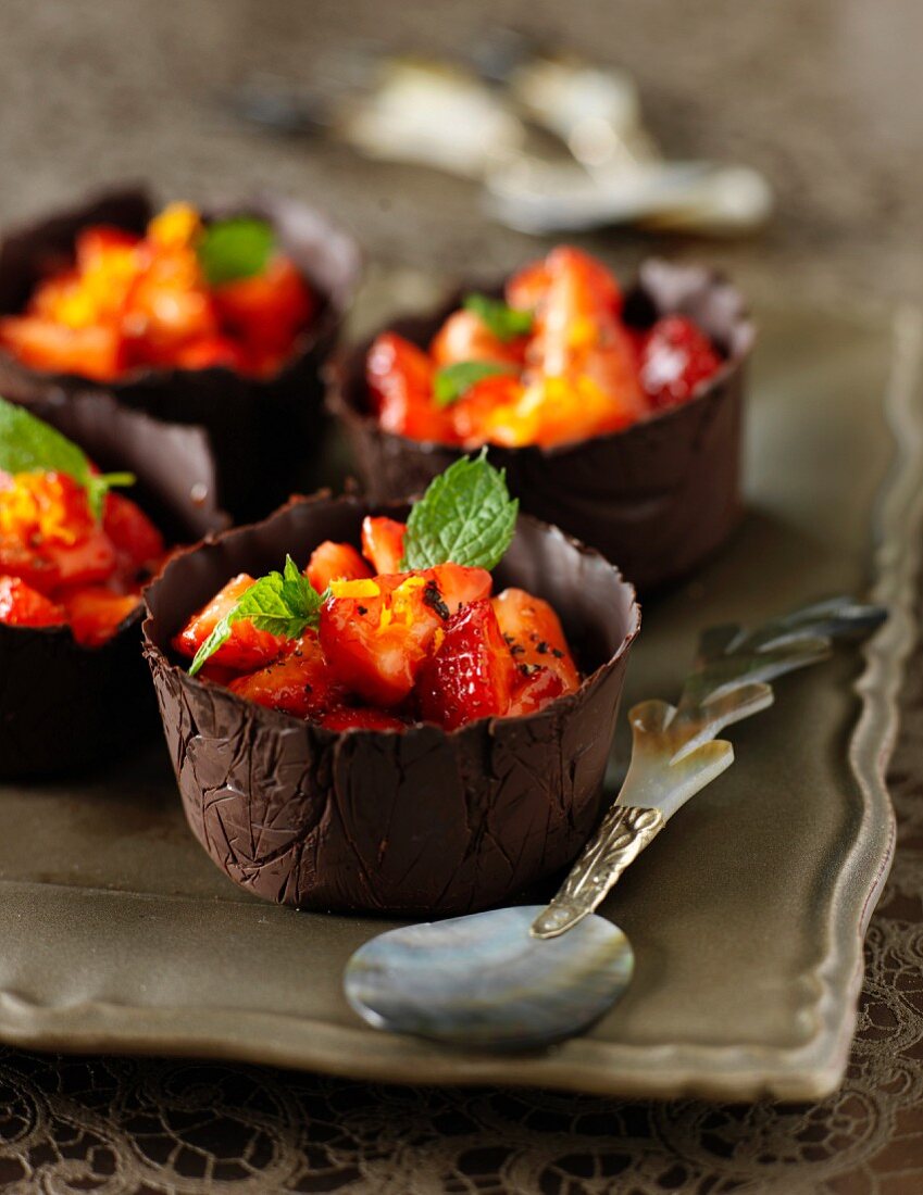 Strawberry salad in chocolate bowls