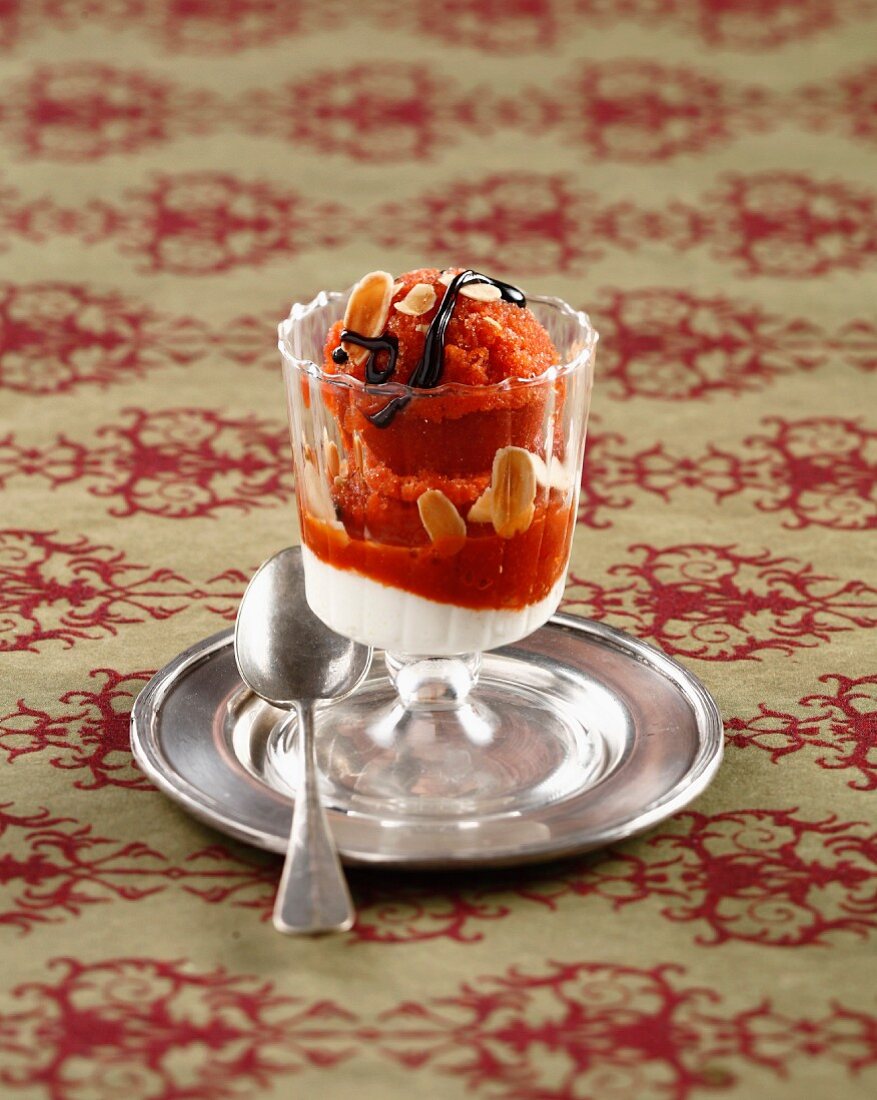 Tomato and strawberry sorbet with balsamic vinegar