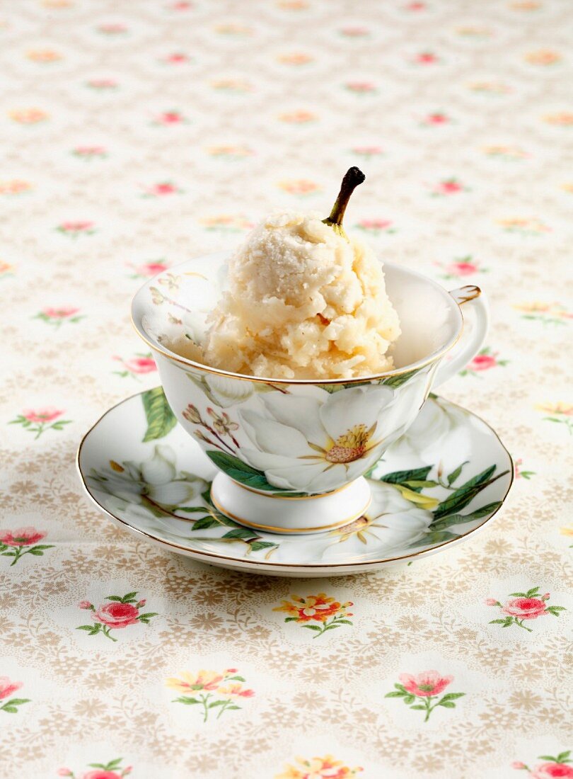 Pear sorbet in a porcelain cup