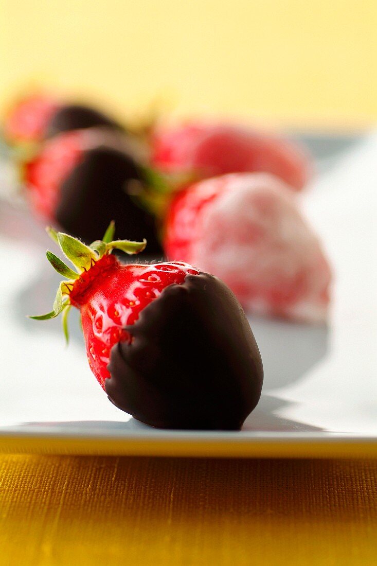 Erdbeeren mit dunkler Schokolade überzogen